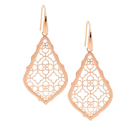 Womans Rose Gold Plated Stainless Steel Filigree Hook Earrings