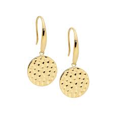 Steel Gold Plated Hammered Disk Drop Earrings