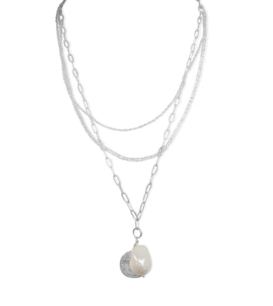 Steel Me Multi Chain Coin And Pearl Silver Necklace